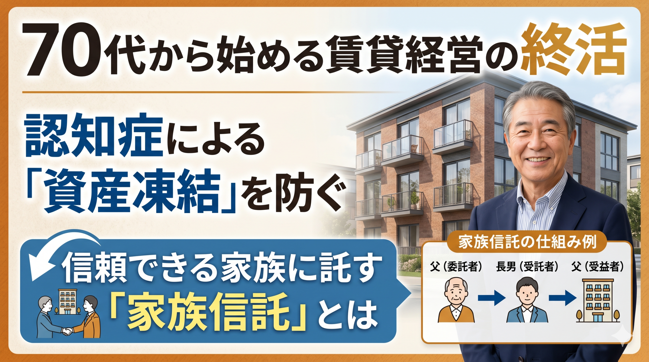 管理物件の前で微笑む70代の男性オーナーと、「70代から始める賃貸経営の終活」「認知症による資産凍結を防ぐ」「家族に託す『家族信託』とは」という文字、および家族信託の仕組みを示すイラストが描かれた、信頼感のあるウェブ記事用サムネイル画像。