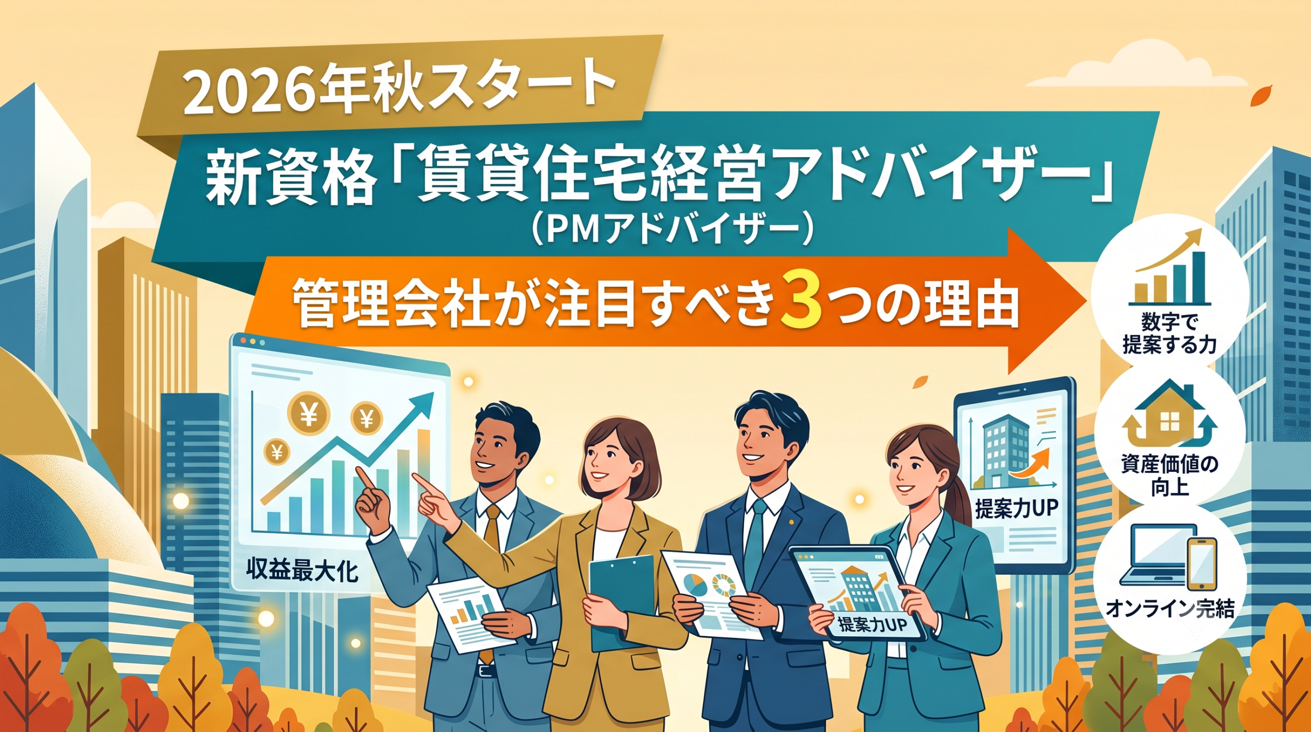 「2026年秋スタート 新資格『賃貸住宅経営アドバイザー』（PMアドバイザー）」と題された、日本の不動産管理会社向けのカラフルなインフォグラフィック画像。中央上部に「2026年秋スタート 新資格『賃貸住宅経営アドバイザー』」と「管理会社が注目すべき3つの理由」という大きな文字が、オレンジ、青、白のバナーに配置されている。中央には4人の日本人プロフェッショナル（スーツ姿）が笑顔で立ち、左の男性が大きな「収益最大化」と書かれた、¥記号、上向きグラフ、建物アイコンを含むグラフを指差している。右の女性は「提案力UP」と書かれた、建物アイコン、上向き矢印を含むタブレットを持っている。右側には3つの円形アイコンがあり、上から「数字で提案する力」（棒グラフと矢印）、「資産価値の向上」（家のアイコンと循環矢印）、「オンライン完結」（ノートパソコンとスマートフォン）が並ぶ。背景はモダンな都市のスカイラインと秋を思わせる木々で構成されている。