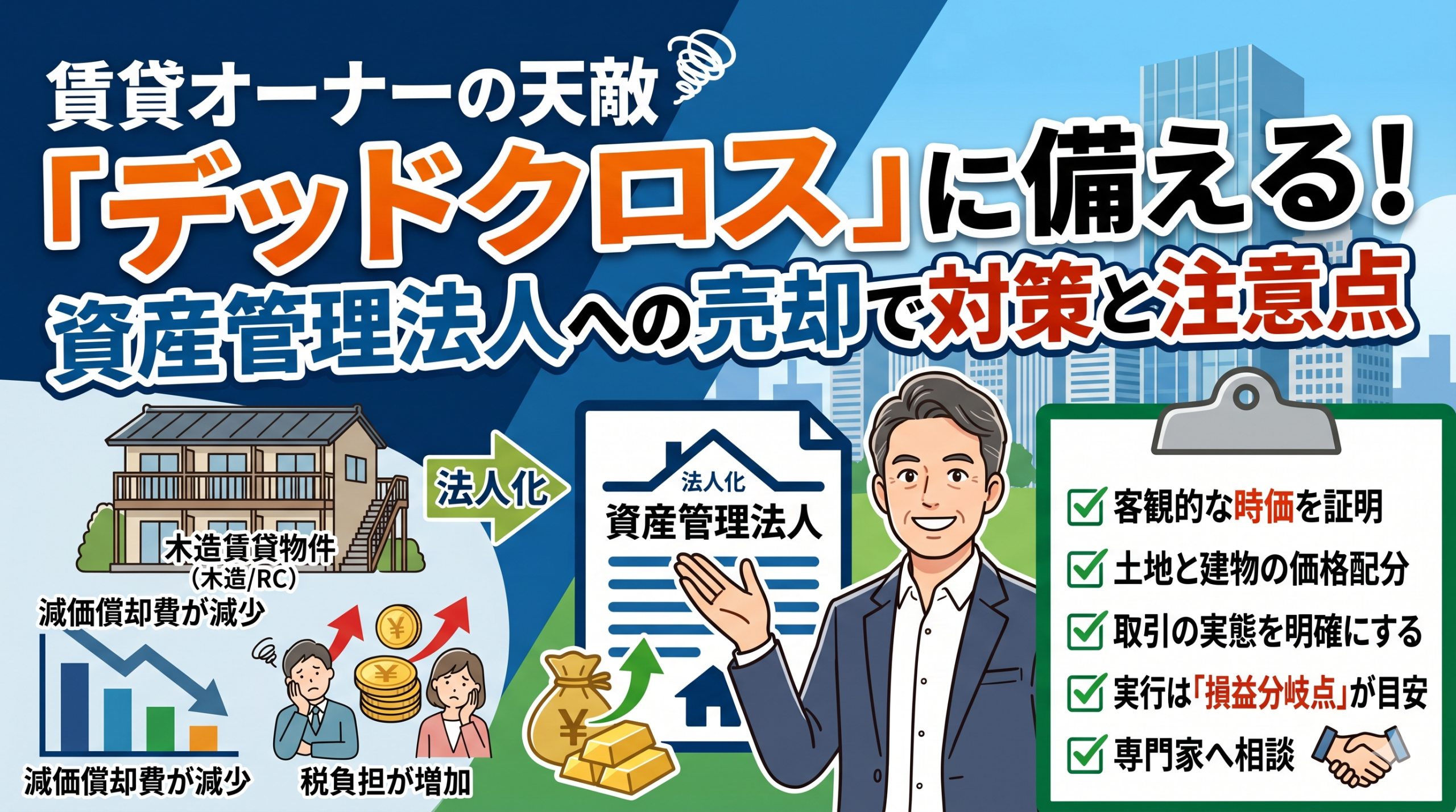 「賃貸オーナーの天敵『デッドクロス』に備える!」という大きな見出しのサムネイル。左側には税負担増加に悩む賃貸オーナーのイラストと、減価償却費の減少・ローン返済継続による税金増加を示す下向きグラフが描かれている。中央には『資産管理法人へ建物を売却!』と書かれた矢印があり、右側にはマンションとビジネスマンのイラスト、『資産管理法人で減価償却を再設計!』『新たな減価償却費を確保し税負担を軽減!』というメッセージが配置されている。下部には『新たな減価償却費を確保できる』『キャッシュフローの改善が期待できる』『相続対策との相乗効果』の3つのメリットと、『税務署に否認されないための重要ポイント』がまとめられている。