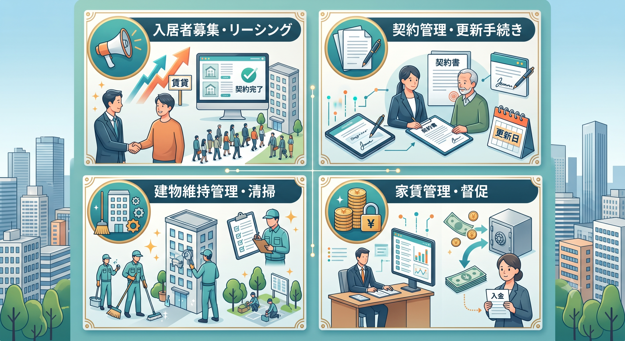4つの異なる賃貸管理業務を描いた、日本語の文字が入ったカラフルなイラストレーション。中央の大きな建物(アパート)を中心に、上下左右に4つのセクションが配置されている。
左上:「入居者募集・リーシング」。2人の男性が握手し、ウェブサイトの物件リスト、グラフ、そして人々の列が描かれている。
右上:「契約管理・更新手続き」。女性スタッフが、机の上で「賃貸借契約書」と「更新契約書」という文字が書かれた文書を扱っている。
左下:「建物維持管理・清掃」。清掃員が建物を清掃し、点検リスト、そして清潔な建物が描かれている。
右下:「家賃管理・督促」。コインの山、電卓、上向きのグラフ、そして家賃支払いの管理と督促を示す、お金の動きが描かれている。
全体的に、青、緑、オレンジを基調としたモダンでクリーンなデザイン。