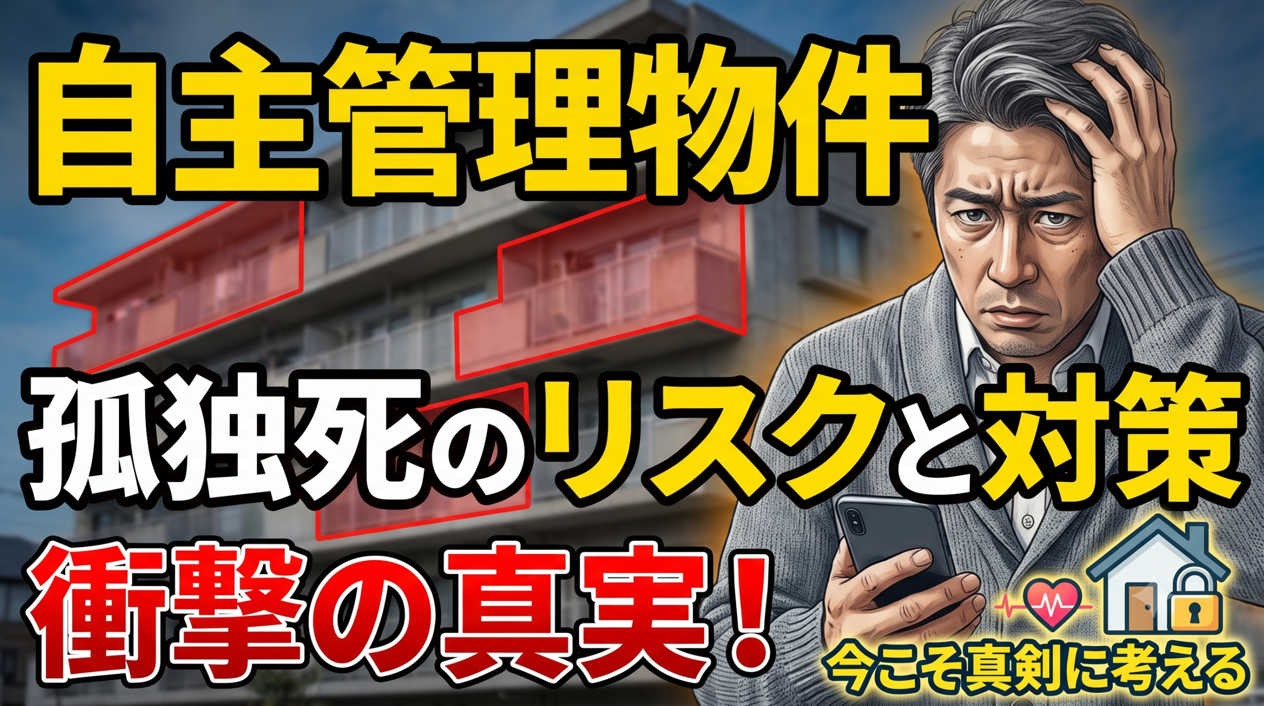 自主管理アパートの室内で頭を抱えて不安そうな表情を浮かべる男性賃貸オーナーと、孤独死トラブルのリスクや警告を意味する強いビジュアルのサムネイル画像